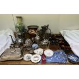 An Art Nouveau pewter and glass claret jug together with assorted electroplated wares, binoculars,
