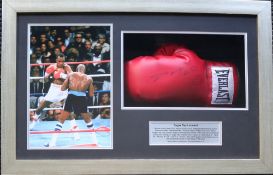 Sugar Ray Leonard a framed montage, including a signed boxing glove and an action photograph,