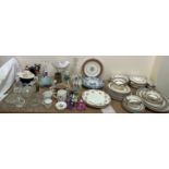 A Bridgwood part dinner set together with various plates, Royal Doulton figures,