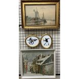 R Malcolm Lloyd River scene Watercolour Together with a Utnllo print and two Katzo Banksy panels