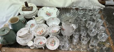 A Grosvenor China "Ye Olde English" pattern part tea set together with drinking glasses,