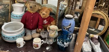 A mohair teddy bear together with a Fraser Bear, chamber pot and jug, commemorative wares,