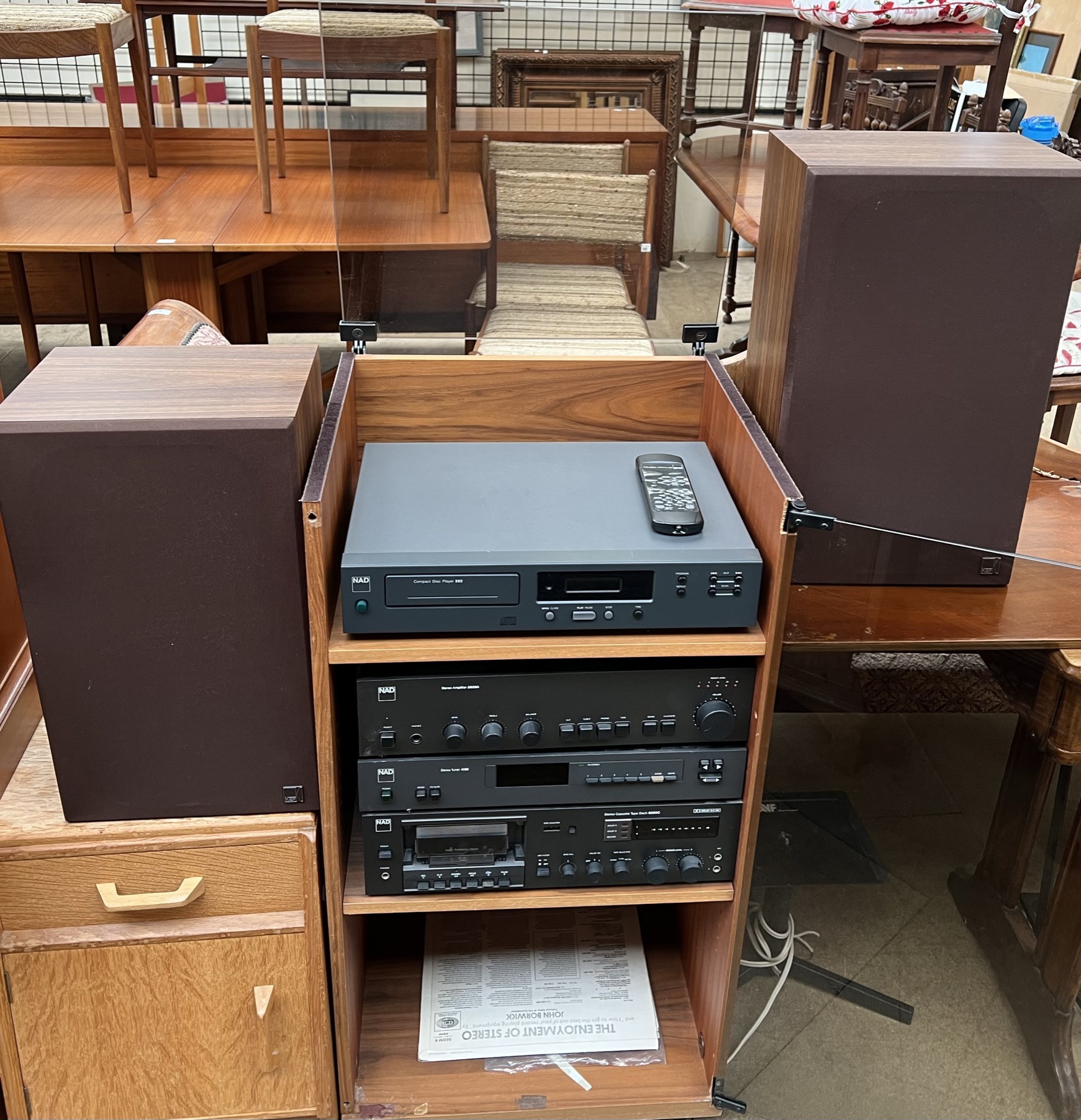 A NAD stereo stacking system including a 502 Compact disc player, 3020A Stereo Amplifier,