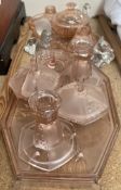 Two glass part dressing table sets together with glass animals etc