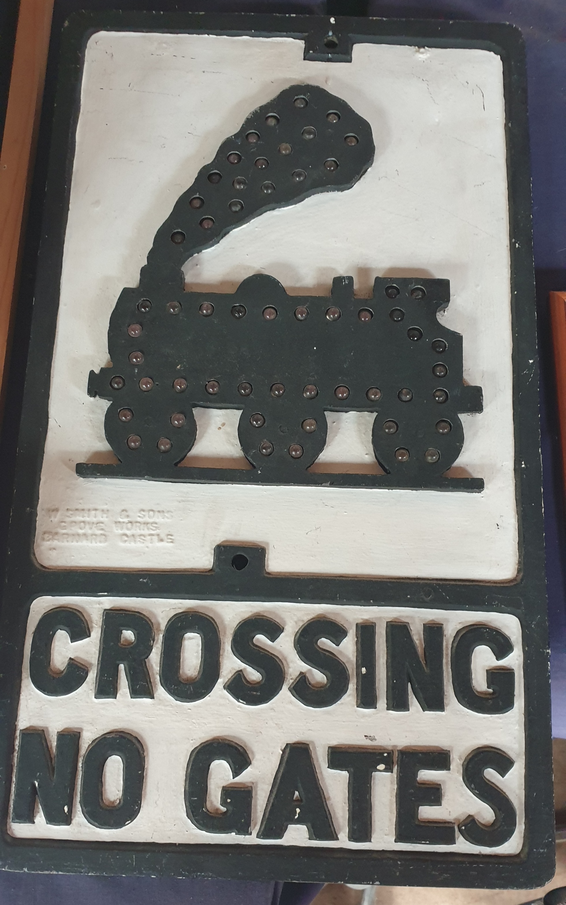 A BR railway lamp together with an aluminium sign depicting a train and "Crossing No Gates" British - Image 2 of 3