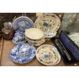 A bone handled carving set together with Masons regency pottery, blue and white pottery,