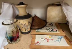 A Japanese stoneware vase decorated with birds amongst blossom together with a glass vase,