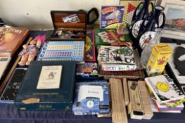 A pair of twin handled pottery vases together with board games watches etc