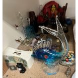 A Murano glass fish together with other glasswares, brass chamber stick,