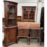 A reproduction mahogany standing corner cupboard together with a pair of walnut three drawer chest