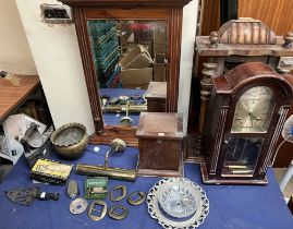A mahogany wall clock, together with parts of a wall clock, oak cabinet, mirror, brass buckles,