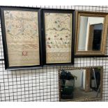 A matched pair of 19th century stumpwork, needlework, lacework pictures depicting a gardener, birds,