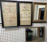 A matched pair of 19th century stumpwork, needlework, lacework pictures depicting a gardener, birds,