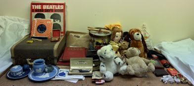 A Shaeffer snorkel pen together with other pens, records, stamps, teddy bears, drum, games,