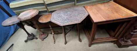 An oak nest of tables together with an Indian carved table top,