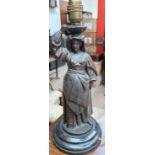 A bronzed table lamp depicting a maiden on a circular base