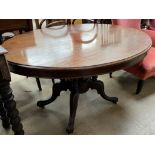 A Victorian mahogany supper table with an oval top above four turned columns and outswept feet
