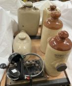 A Marconi Morse code set and headphones together with five stoneware foot warmers