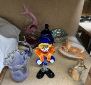 Assorted Murano glass including a clown, fish,