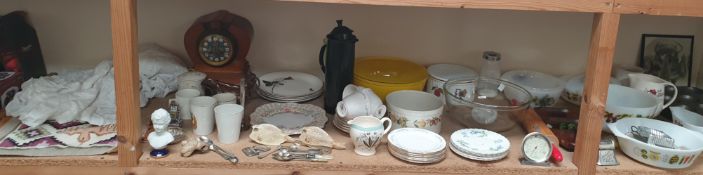 A walnut cased mantle clock together with commemorative wares, kitchenalia,