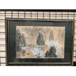 Cheng Yan A Mountainous landscape scene with blossom trees Watercolour Signed