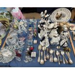 A collection of continental porcelain figures together with electroplated cutlery, glass animals,