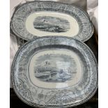 A graduated pair of Copeland blue and white meat plates decorated with a castle in a landscape
