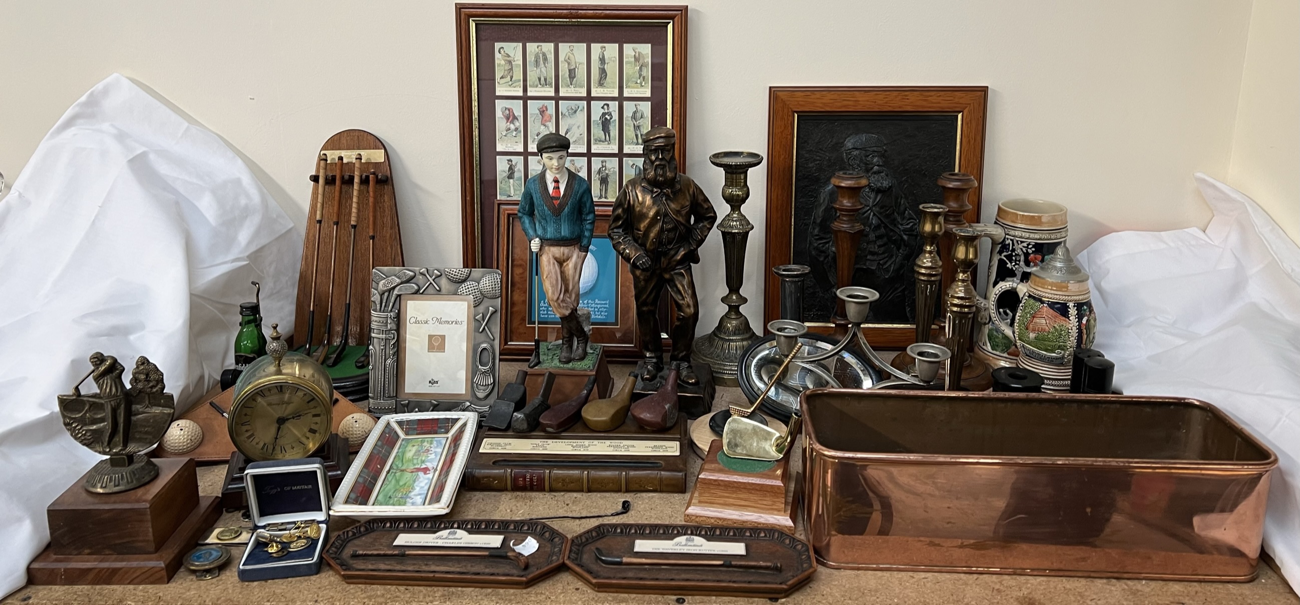 A copper jardiniere of rectangular form together with golfing memorabilia, part dressing table set,
