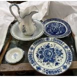 A Delft Arts jug and basin together with two chargers etc