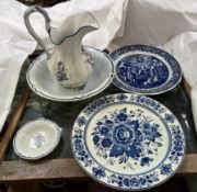 A Delft Arts jug and basin together with two chargers etc