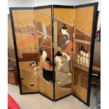 A Japanese four fold screen decorated with Geisha in an interior