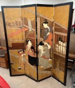 A Japanese four fold screen decorated with Geisha in an interior