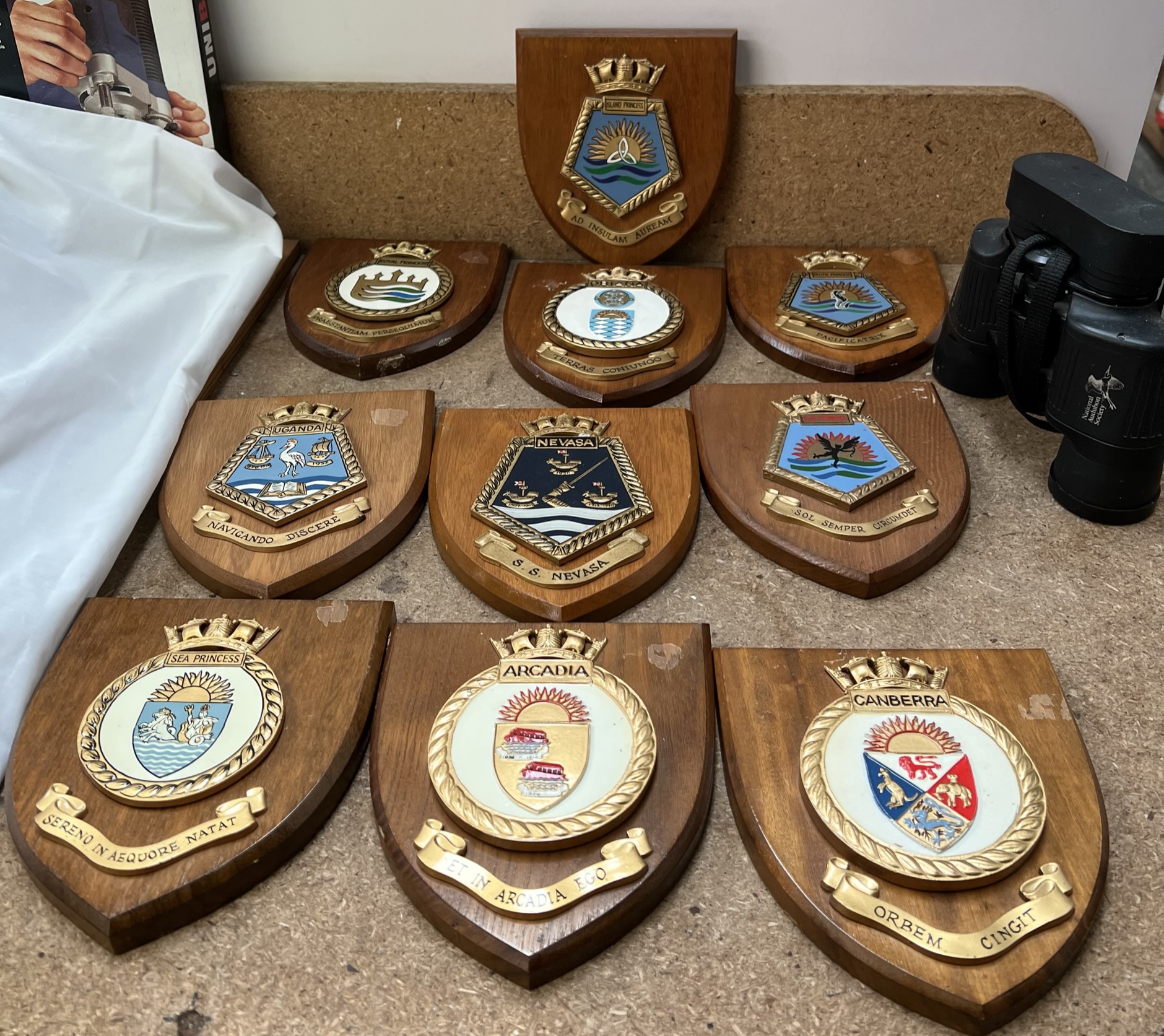 A collection of military shields and binoculars etc