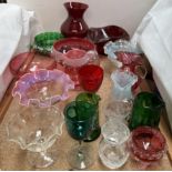 Cranberry glass jug and basin together with assorted decorative glasswares