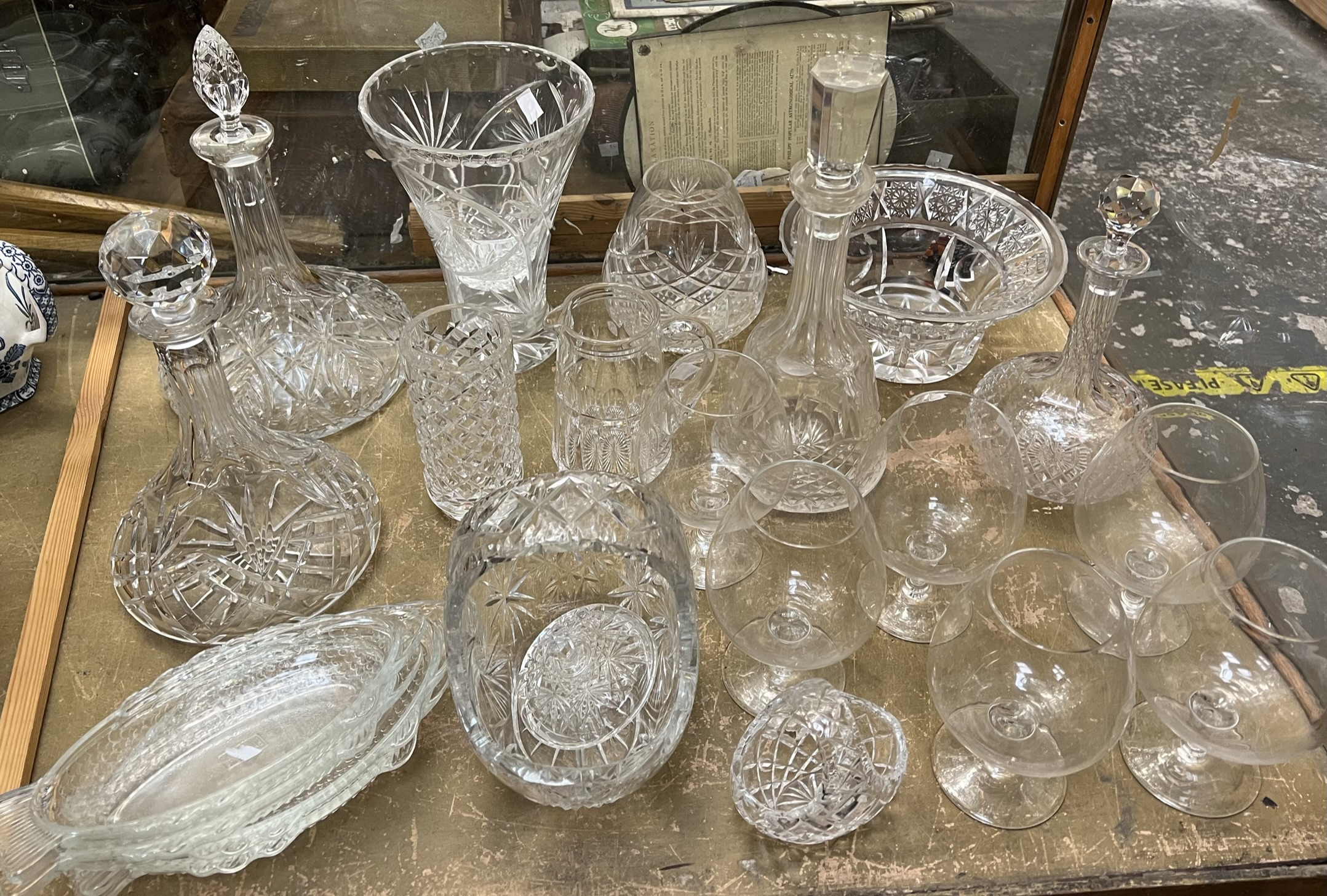 Glass decanters together with a glass vase,