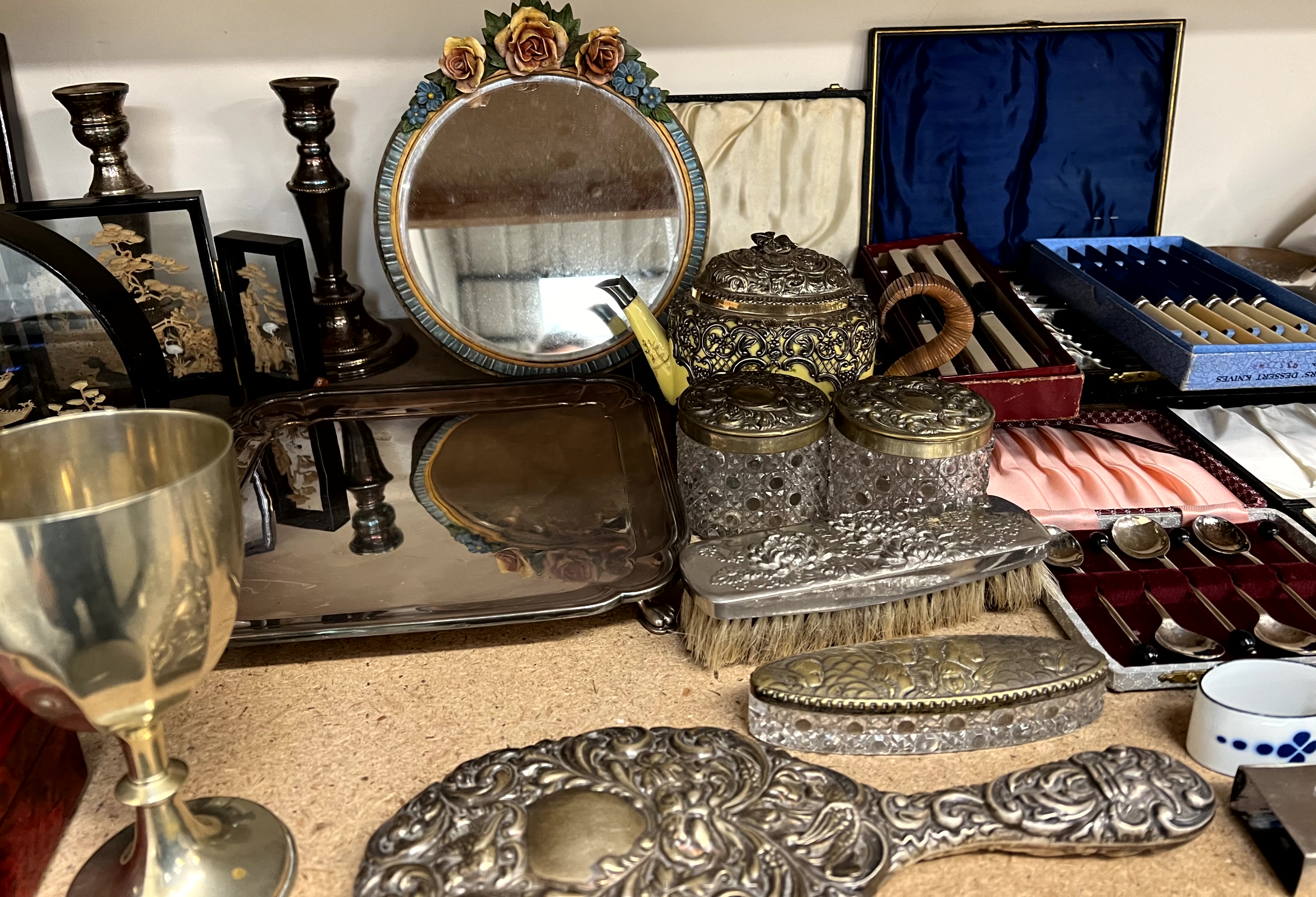 A stationary box with bone fitting together with a white metal mounted teapot, silver backed mirror, - Image 3 of 4