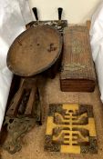 A Marble ink stand together with an African bowl, flat iron stand,