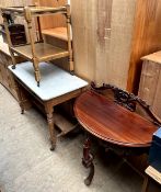 A reproduction mahogany half moon side table together with an oak tea trolley and a marble topped