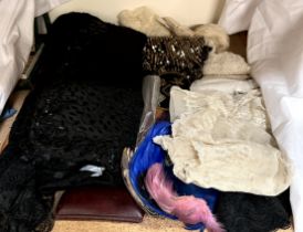 Assorted linens including lace work, beaded items, feathers,