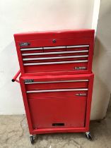 A Draper tool cabinet in two sections with drawers and a cupboard containing tools