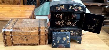 A Victorian walnut jewellery box together with a Japanese lacquer table top cabinet