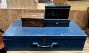 A wooden tool cabinet together with a Victorian rosewood brass inlaid box and cover and two tin