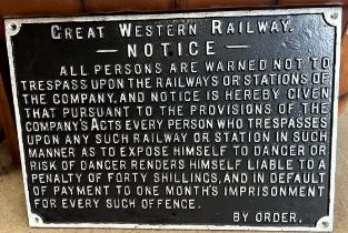 A cast iron sign with a black ground and white highlighted writing "Great Western Railway Notice -