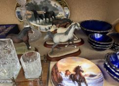 Border fine arts ponies together with a Japanese part tea set, decanters, glasses,