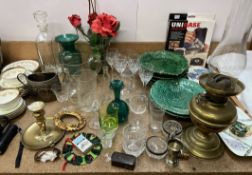 Assorted leaf dishes together with a brass oil lamp, drinking glasses, electroplated wares,