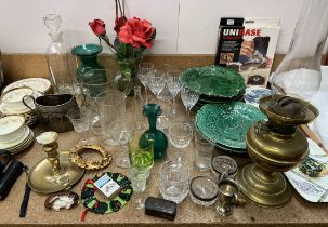 Assorted leaf dishes together with a brass oil lamp, drinking glasses, electroplated wares,