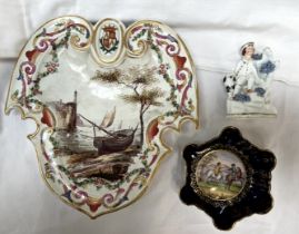 A Vienna style lobed dish together with a Staffordshire figure and a Lille armorial dish
