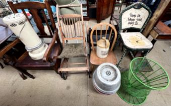 A paraffin heater together with a commode, invalid chair, childs chair, stoneware flagon,