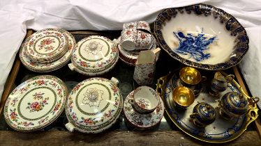 A Continental porcelain bachelors set on a tray together with a pottery wash bowl,