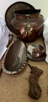 An Art Nouveau copper and brass jardiniere together with two stainless steel dishes,